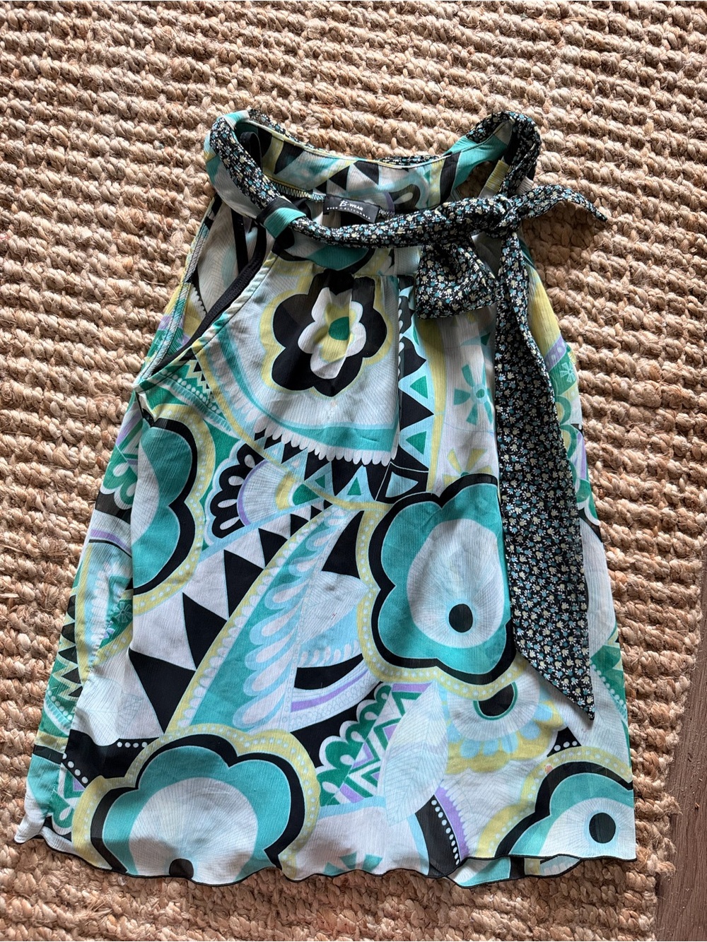 Vintage y2k halter Floral & Geometric Print Dress in Aqua, Black, White & Yellow